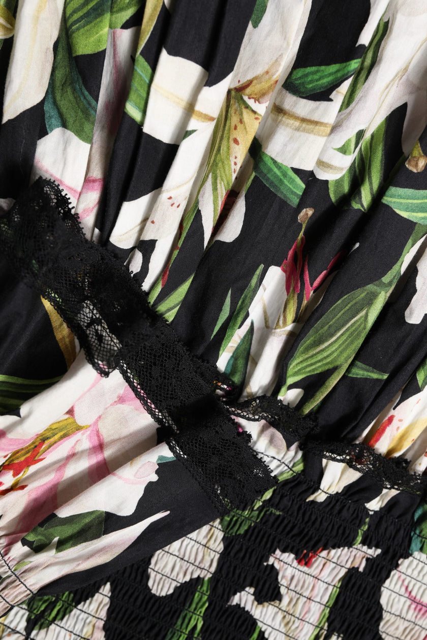 Dolce & Gabbana Black Lily Cotton V-neck A-line Midi Dress