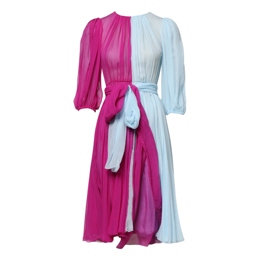 Dolce & Gabbana Pink Blue Silk 3/4 Sleeves A-line Dress