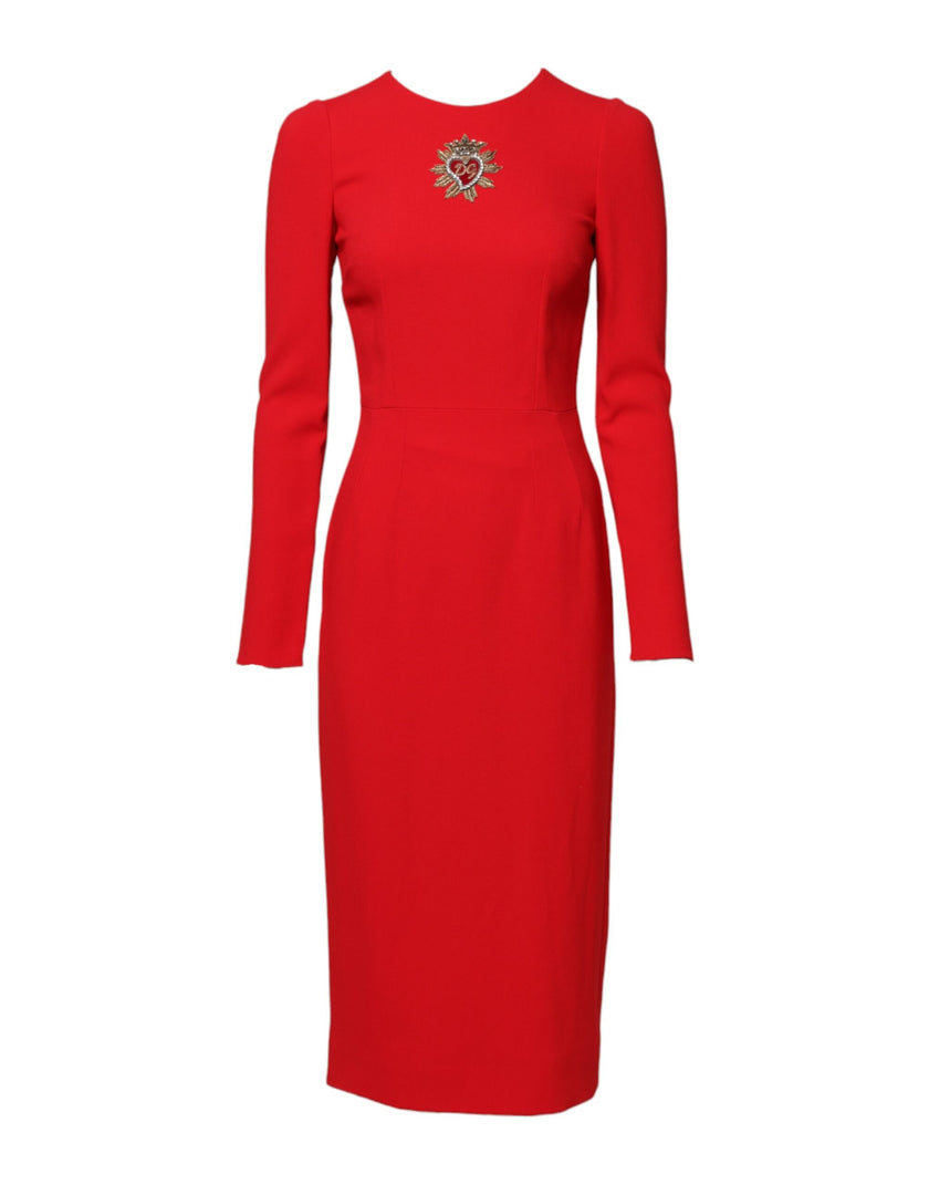 Dolce & Gabbana Red Sacred Heart Long Sleeves Sheath Dress
