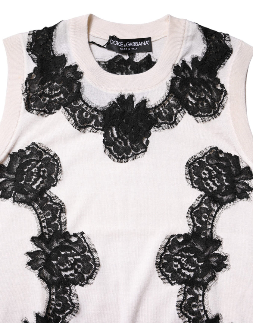 Dolce & Gabbana White Cashmere Floral Lace Detailing Tank Top