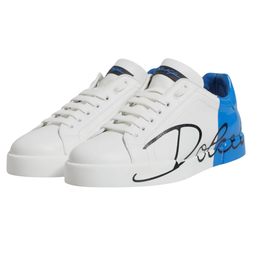 Dolce & Gabbana White Blue Leather Logo Low Top Sneakers Shoes