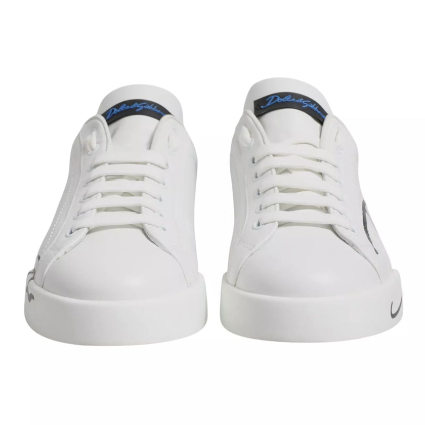 Dolce & Gabbana White Blue Leather Logo Low Top Sneakers Shoes