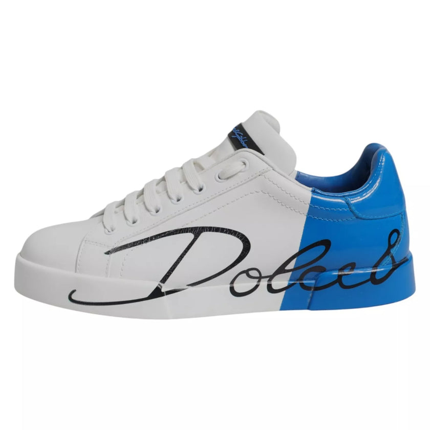 Dolce & Gabbana White Blue Leather Logo Low Top Sneakers Shoes