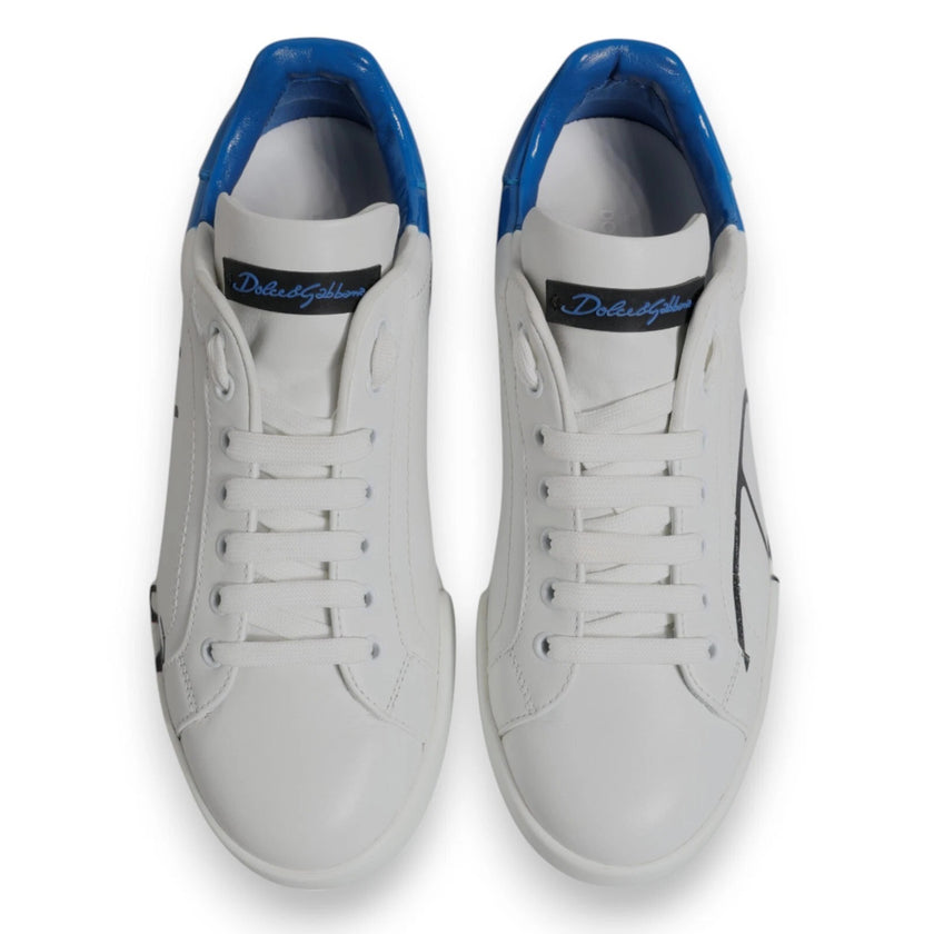Dolce & Gabbana White Blue Leather Logo Low Top Sneakers Shoes