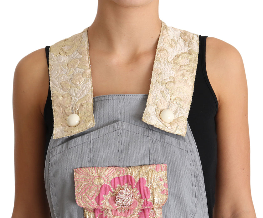 Dolce & Gabbana Exquisite Floral Embellished Denim Overalls